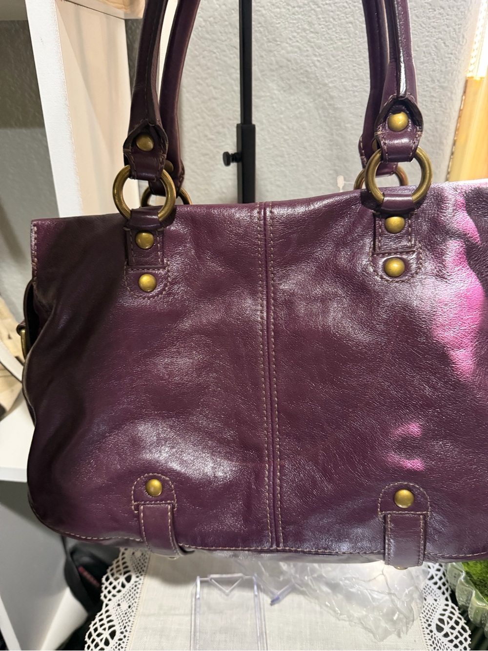 Women’s Purple Leather Satchel Handbag - Picture 5 of 7